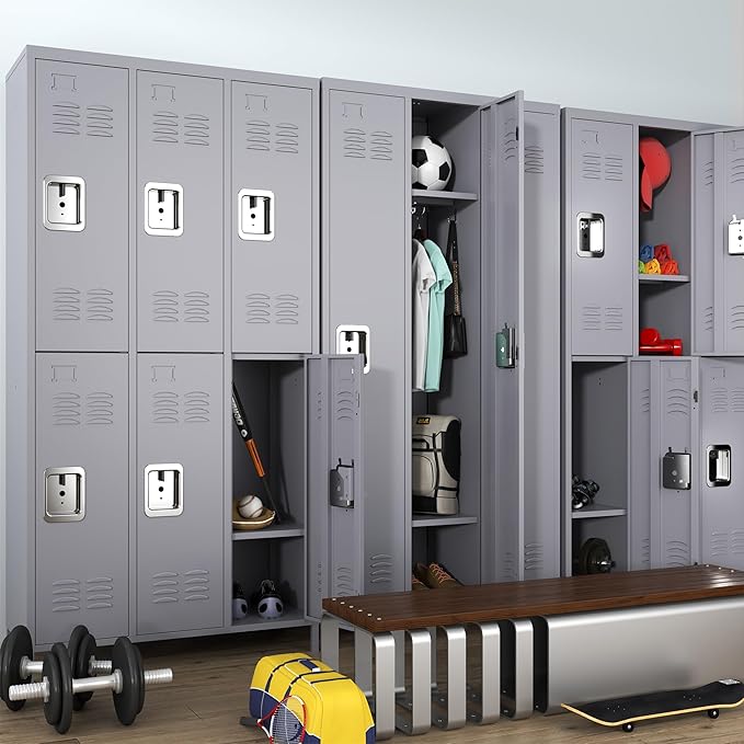 72" Tall Employee Locker with Shelves and Hooks 3 Doors Steel Sports Locker for Office Home Bedroom School Gym Garage, Metal Staff Locker Locking Storage Cabinet,Grey