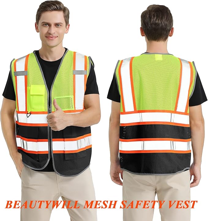 BeautyWill Custom Mesh Safety Vest Customized Logo Class2 High Visibility Reflective Vest with Pockets Construction workwear（Yellow Black，3XL ）