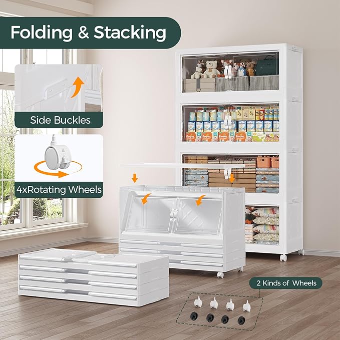 180Gal Stackable Storage Bins with Lid and Wheels, 720QT Plastic Collapsible Storage Boxes with Doors, Closet Organizer and Storage Cabinet for Home Kitchen Office Dorm Room, 6Pack White
