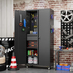 SUXXAN 71" Metal Garage Storage Cabinet with 16 Hooks and Pegboards,1 Drawer Inside Rolling Tool Storage Cabinet with Adjustable Shelves,3 Metal Hanging Rod for Garage,Warehouse