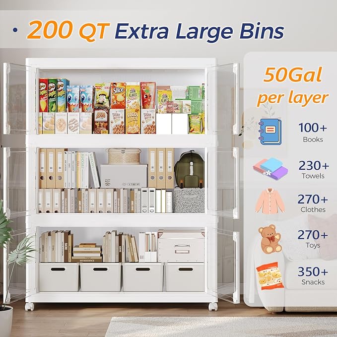 1000Qt Large Stackable Storage Bins with Lid, 250Gal Plastic Closet Organizer and Storage Box with Wheels, Collapsible Storage Cabinet with Clear Door for Home Kitchen Office Dorm, 5Pack White