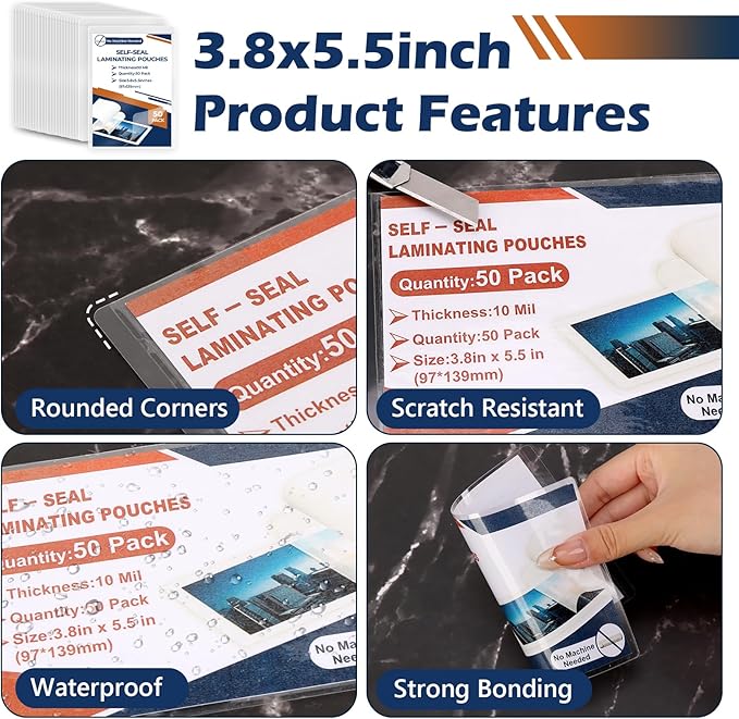 100 Pack 10 Mil 3"x5" Self Sealing Laminating Pouches Self Adhesive Lamination Pouches Clear Laminate Sheets for Photos Index Cards Office School(No Heat Laminating Sheets & No Laminator Machine Need)