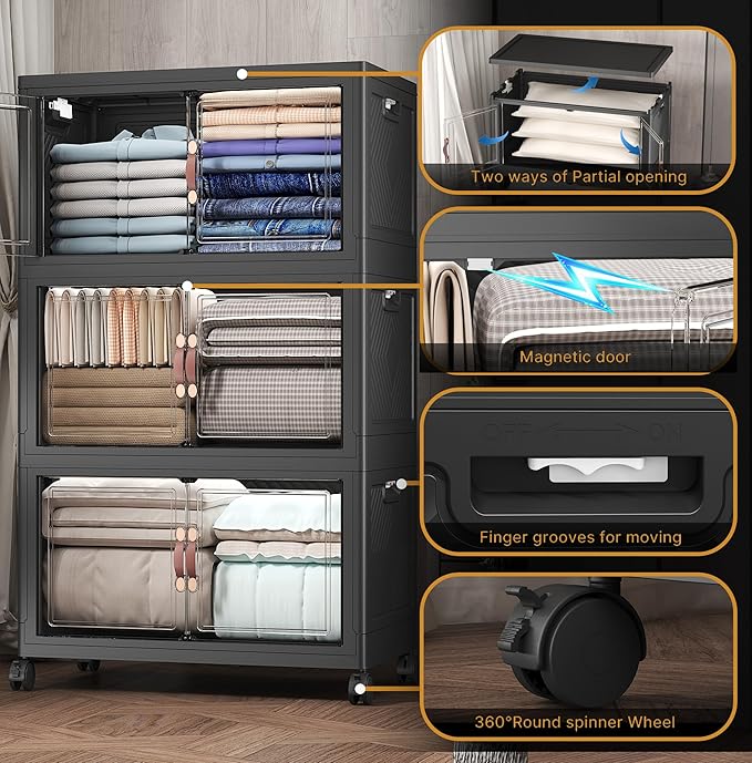960Qt Stackable Storage Bins with Lids, 6 Pack Large Collapsible Bins with Wheels, Plastic Cabinet with Doors, Foldable Closet Organizers and Storage for Home, Dorm, Office, Black
