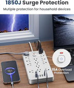 Surge Protector Power Strip-14 Outlets and 6 USB Ports, 6 Feet Flat Plug Extension Cord, 1850 Joules, White, ETL Listed for Home, Office, Dorm Room
