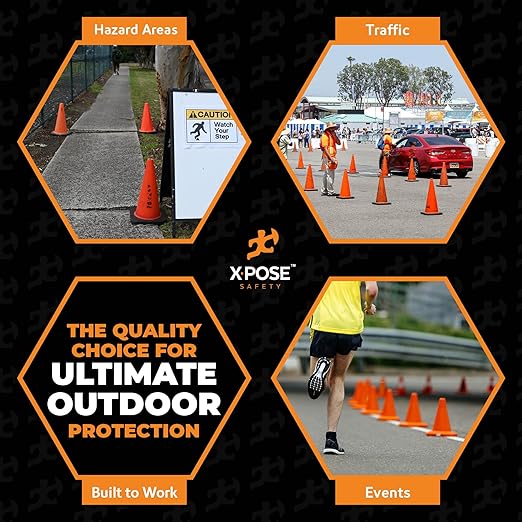 Xpose Safety 12 Inch Orange Traffic Cones, 4-Pack - Multipurpose PVC Plastic Safety Cone for Parking, Soccer, Caution, Kids and Construction - DOT Approved