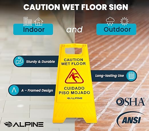 Alpine Caution Wet Floor Sign, 24 Inch High Visibility Yellow Slippery When Wet Sign - Bilingual Safety Warning Sign to Easily Avoid Slippery Accidents in Businesses & High Traffic Areas