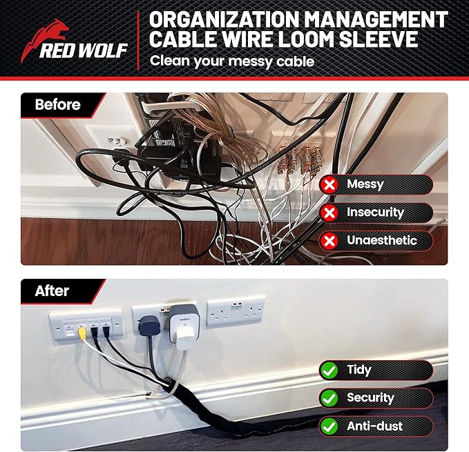 RED WOLF 1/4” x 10FT Cable Sleeves Cord Management Braided Wire Loom Sleeving Protector Wiring Cable Cover Flexible Self-Wrap for Automotive Home Office Anti-Scratch High-Temperature Black