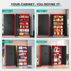 6 Tier Garage Storage Cabinet with 5 Adjustable Shelves,Metal Storage Cabinet with Lock,Red Black Metal Cabinet with Locking Doors,Steel Locker,71" Lockable Storage Cabinets for Home,Office,Garage