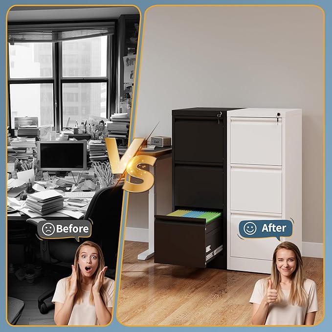 3 Drawer File Cabinet with Lock, Vertical Filing Cabinets for Home Office, Metal Storage Cabinets, Heavy Duty File Cabinet for Letter/Legal/A4/F4 Size Amssebly Required, White