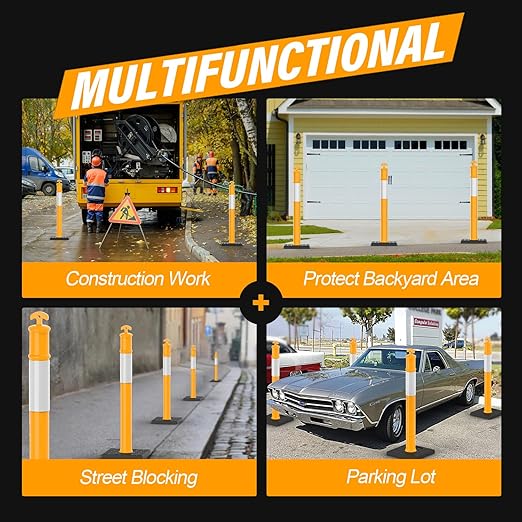 RoadHero 45 Inch Delineator Post with Rubber Base, Heavy Duty Yellow Traffic Delineator Posts Cones with Reflective Collars for Parking Lots, Road Safety, Construction Events 3 Pack