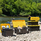 HOMZ 4-Pack Durabilt Tote, Heavy Duty Plastic Storage Bins with Lids, 27 Gallon, Black/Yellow - Stackable Organizing Containers for Home, Garage, and Shed