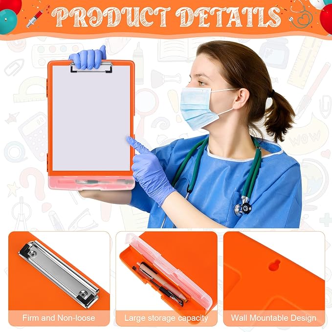 Crtiin 6 Pcs Plastic Clipboard with Storage Colored A4 Nursing Holder Heavy Duty Waterproof Storage Clipboard Folder for Office School Nurses Teacher Essentials (Bright Color)