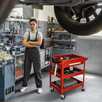 ERGOMASTER Metal Service Utility Cart with Wheels - 500LBS Tool Cart Heavy Duty Rolling 3-Tier Storage Organizer, for Garage Industrial Cart (Red)