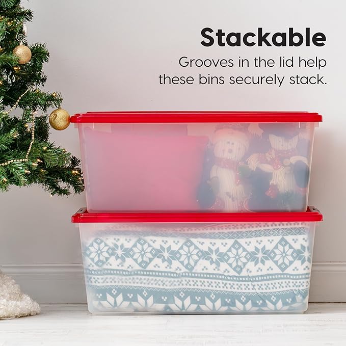 IRIS USA 91 Qt. Stackable Plastic Storage Bins with Lids, 4 Pack - BPA-Free, See-Through Organizing Solution, Latches, Durable Nestable Containers, Secure Pull Handle, Made in USA - Red