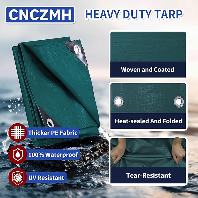 Heavy Duty Tarp Waterproof 12x16 Feet, 10 Mil Thick Green Poly Tarps Outdoor, Metal Grommets, Reinforced Edges, Multipurpose Tarpaulin Protective Cover for Camping, Boat, Swimming Pools, Car