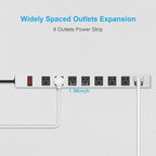 JUNNUJ Metal 8 Outlet Power Strip, Mountable Heavy Duty Power Strip, 1200J Surge Protector Wall Mount Screws Outlet with Switch, Gaming Desk Strips Wide Spaced 15A 125V 1875W, 3 FT 14AWG Power Cord