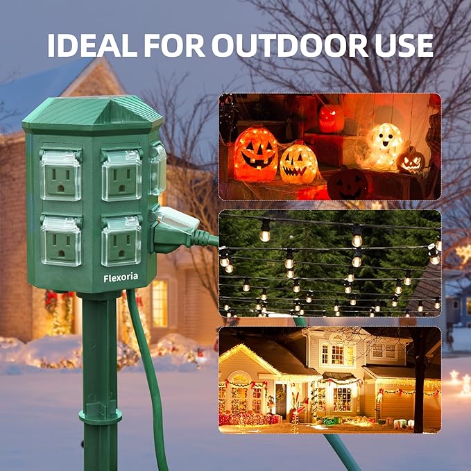Outdoor Power Strip Waterproof, 10 FT Extension Cord, 6 Grounded Outlets for Christmas Decorations and Inflatables, 15A/1875W, ETL Listed