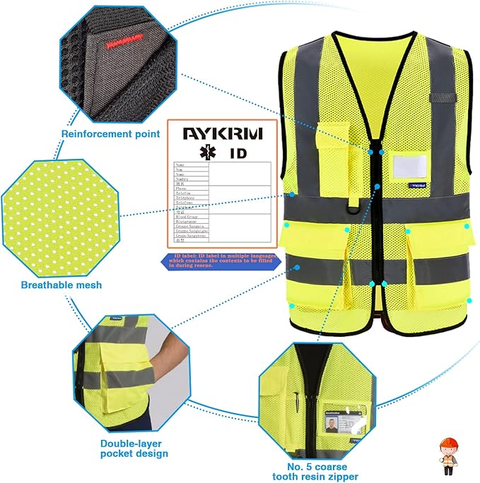 A-SAFETY High Visibility Mesh Safety Reflective Vest with Pockets and Zipper,Hi Vis Viz Reflective Safety Vest(Yellow Mesh M)