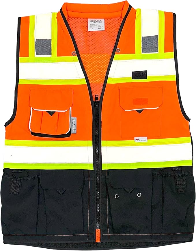 C Vest for Mens Safety Vest With Zipper and Utility Pockets Premium Black Series Surveyors Vest (Large, Orange/Black)