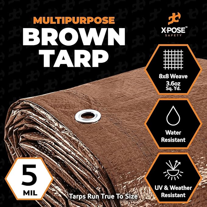 Multipurpose Protective Cover Brown Poly Tarp 20' x 20' - Bulk Half Pallet (108 Pack) Durable, Water Resistant, Weather Resistant - 5 Mil Thick Polyethylene - by Xpose Safety