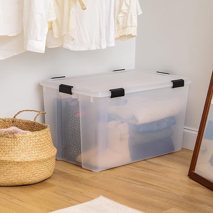 IRIS USA 156 Qt Storage Box with Gasket Seal Lid, BPA-Free, Made in USA - Heavy Duty Moving Containers with Tight Latch, Weather Proof Tote Bin, WEATHERPRO - Clear/Black