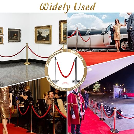 4PCS Silver Stanchions Posts with 3PCS 5 ft Red Velvet Rope, Red Velvet Rope Stanchion Set Crowd Control Barriers, Stanchions and Velvet Ropes Red Carpet Poles for Party Supplies