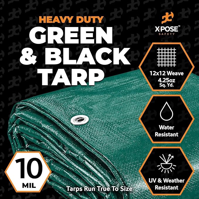 Heavy Duty Poly Tarp 100' x 100' - Bulk Full Pallet (6 Pack) Thick Waterproof, UV Blocking Protective Cover - Reversible Green & Black - 10 Mil Thick Polyethylene - by Xpose Safety