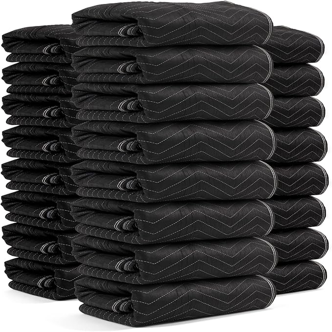US Cargo Control Moving Blankets 72"x80" 24-Pack, (65 lbs/doz weight), Heavy Duty Packing Blankets for Moving Furniture, Shipping, and Storage, Black Quilted Furniture Pads, MBDELUXE Econo Deluxe