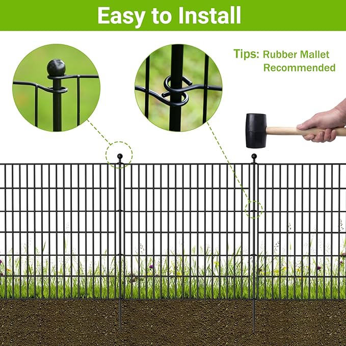 4 Panels No Dig Decorative Outdoor Garden Fence for Yard, 48 in(H) X 10.5 ft(L) Animal Barrier Fencing Rustproof Metal Wire Panel Border for Dog, Rabbits, and Patio Temporary Ground Stakes