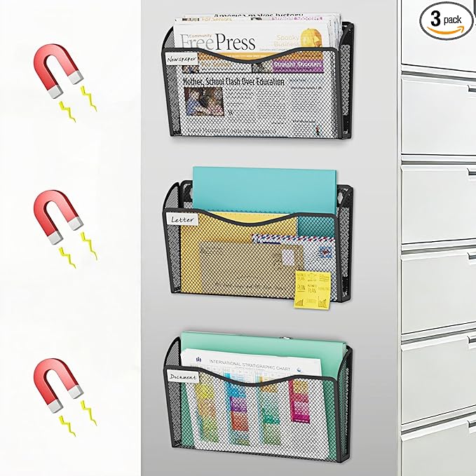 Magnetic Wall File Holder 3-Pack - Mesh Organizer with Strong Magnets for Office, Home & School - Space Saving Black Document Organizer