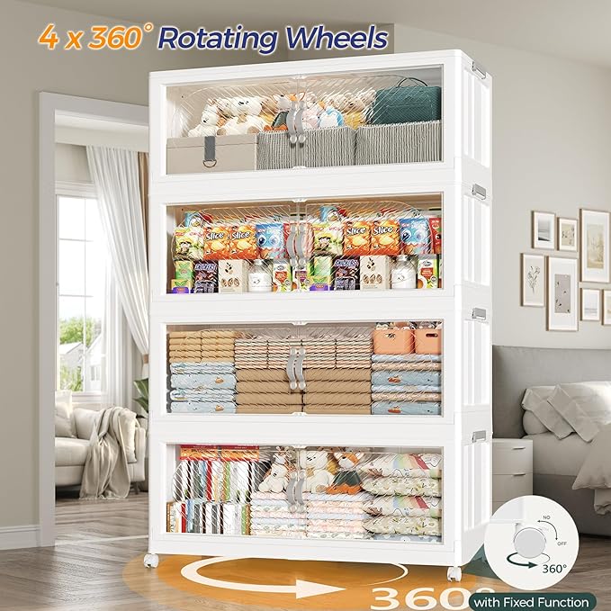 180GAL Plastic Storage Bins with Lid, 720QT Extra Large Stackable Closet Organizers and Storage, Collapsible Storage Boxes with Wheels, Folding Cabinet for Home Kitchen Office, 6Pack White