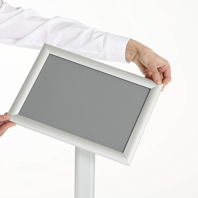 M&T Displays Curved Menu Board, 18x24 Inch Pedestal Sign Holder with 8.5x11 Inch Brochure Holder Silver Floor Standing Aluminum Front Loading Easy Open Poster Message Advertisement Post