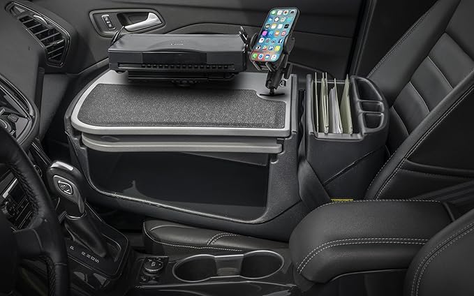 AutoExec AE-GMCD-PI-PM-PS-GT GripMaster Car Desk for Your Vehicle Workstation and Mobile Office, Grey with 400 watt Power Inverter, Phone Mount and Printer Stand