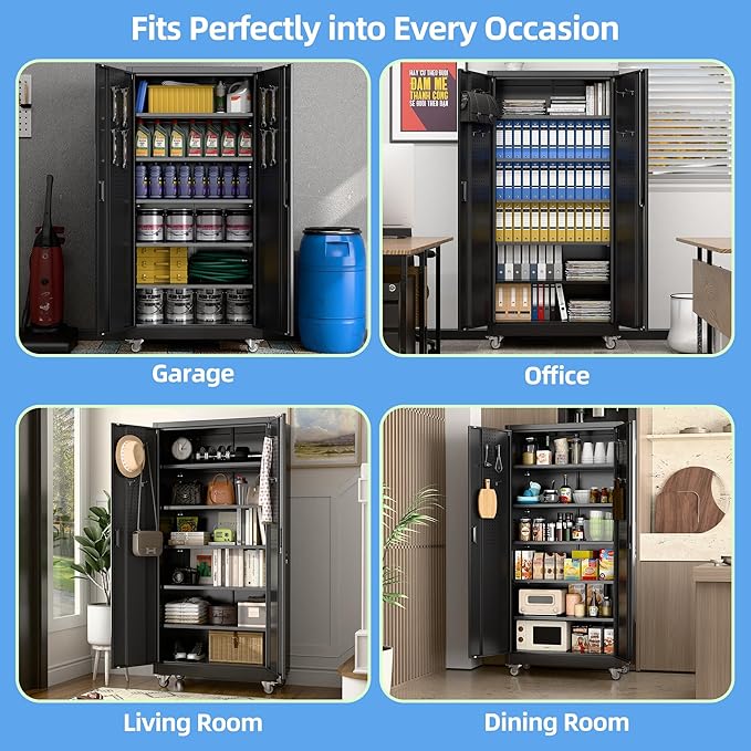 SUXXAN Metal Garage Storage Cabinet with Wheels and Pegboard 71'' x 34'' x 18'', Lockable Rolling Steel Cabinet with 5 Adjustable Shelves and Door for Garage, Office, Kitchen, Assembly Required(Black)