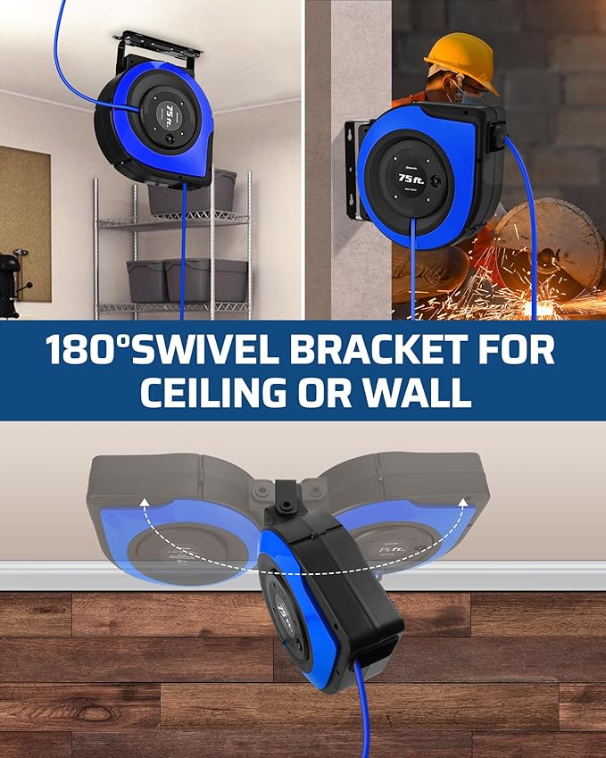 DEWENWILS Retractable Extension Cord Reel, 75 FT Heavy Duty Power Cord, 14/3C SJTOW Retractable Cord Reel, Lighted Triple Outlets, 10A Circuit Breaker, Wall/Ceiling Mount, UL Listed, Blue