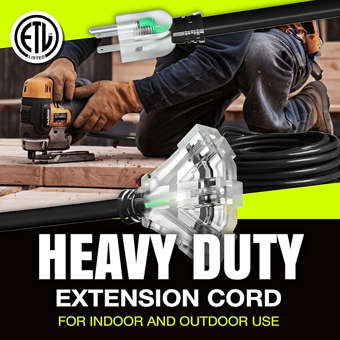 100ft Outdoor/Indoor Extension Cord 3-Outlet 12/3 Gauge Extra Heavy Duty ETL Listed, 3 Prong SJTW, Waterproof, Flexible Cold-Resistant Long Power Cord,15A 125V 1875W, Black by LifeSupplyUSA