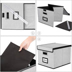Huolewa Collapsible File Storage Organizer Boxes with Lids, Portable Large Linen Hanging Filing Storage Boxes, Decorative Home/Office Filling System for File and Folder Storage (Grey)-2 Pack