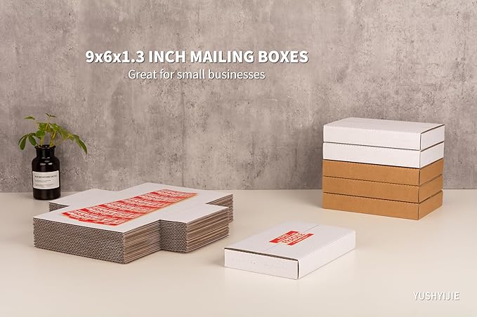 50 Pack 9x6x1.3 inch Small Shipping Boxes, Multi-Depth Flat Cardboard Boxes with Fragile Stickers for DVD Shipping, Packing, Moving, Storage, White