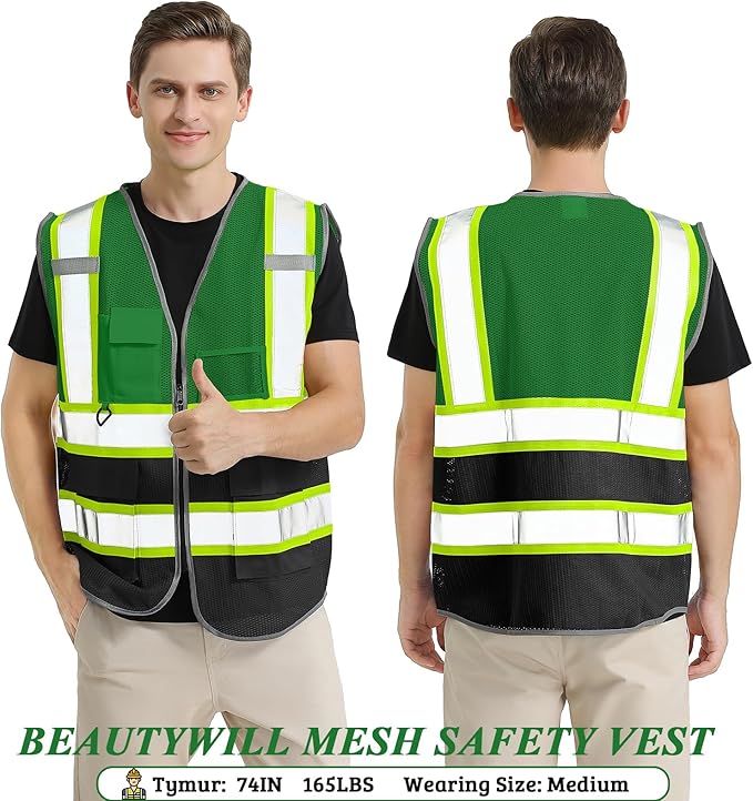 BeautyWill Custom Mesh Safety Vest Customized Logo Class2 High Visibility Reflective Vest with Pockets Construction workwear（Green Black，3XL ）