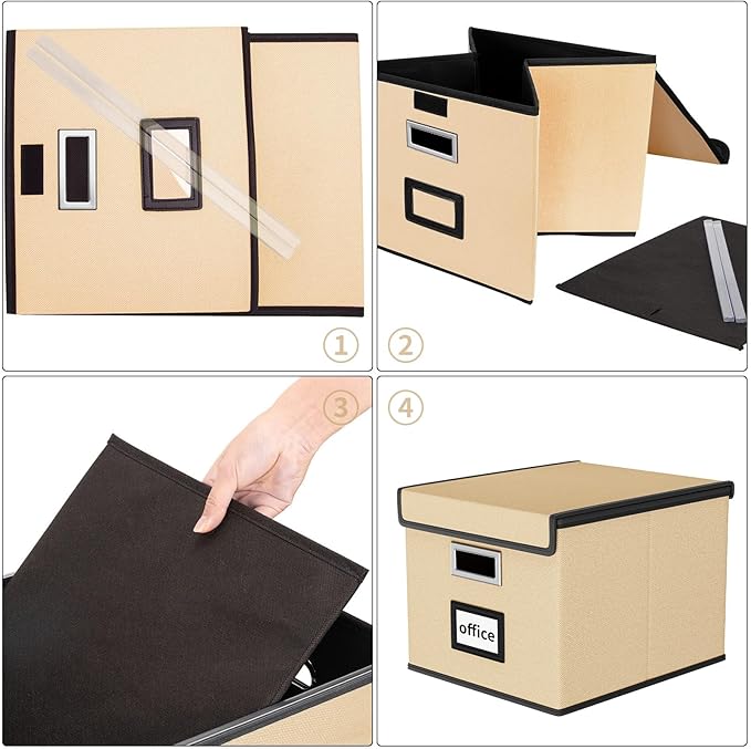 Huolewa File Organizer Box with Lid, Collapsible File Folder Organizer for Office Document Storage, Filing Box with Plastic Slide for Letter/Legal Size Hanging Files, Brown, 2 Pack