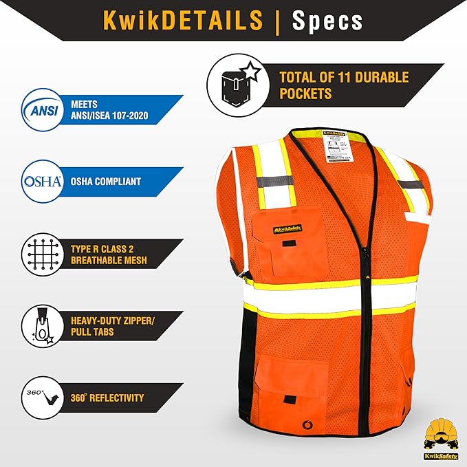 KwikSafety - Charlotte, NC - BIG KAHUNA Safety Vest [11 Pockets] Class 2 ANSI OSHA Reflective Vest Durable High Visibility Vest Construction Safety Vest for Men Industrial Work Gear/Orange Medium