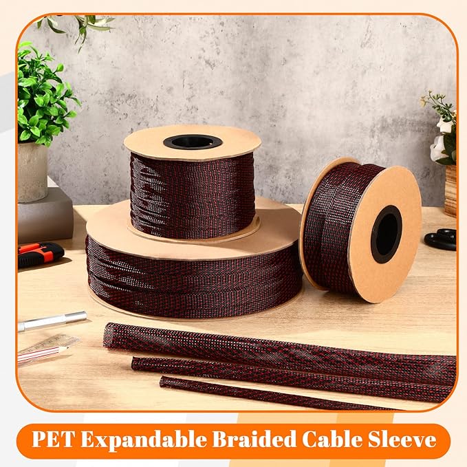 Pangda 300 Feet 1/2 Inch Wire Loom PET Expandable Braided Sleeving Braided Sleeve for TV, Computer, Home Theater (Black-Red)