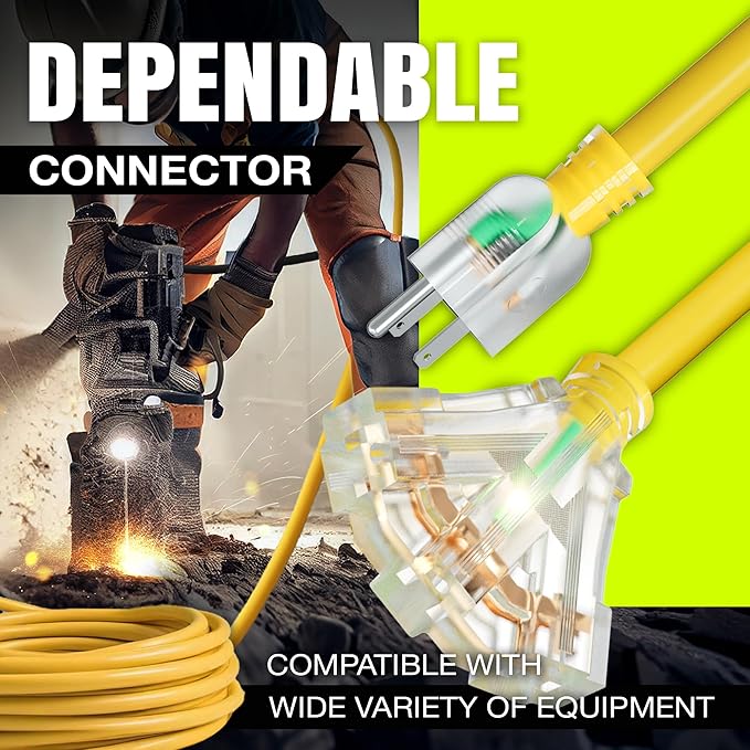 50ft Outdoor/Indoor Extension Cord 3-Outlet 12/3 Gauge Extra Heavy Duty ETL Listed, 3 Prong SJTW, Waterproof, Flexible Cold-Resistant Long Power Cord,15A 125V 1875W, Yellow by LifeSupplyUSA