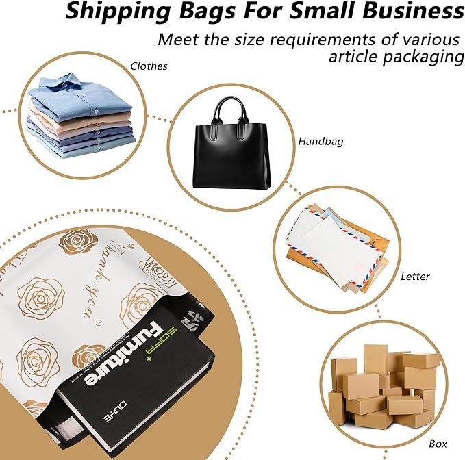 Thank You Poly Mailers 10x13 Inch 100 Pcs - Gold Rose Printed Shipping Bags for Clothing - Waterproof and Tear Resistant Mailing Envelopes - Self-Sealing Packaging Bags for Small Business