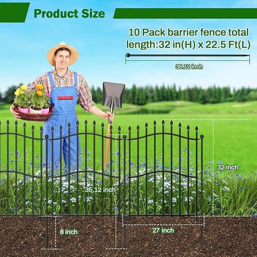 10 Panels No Dig Decorative Garden Fence - 32in H x 22.5ft L, Tall Heavy-Duty Square Tube Animal Barrier, Rustproof Metal Border Fencing for Yard, Outdoor Dog Playpen & Flower Beds