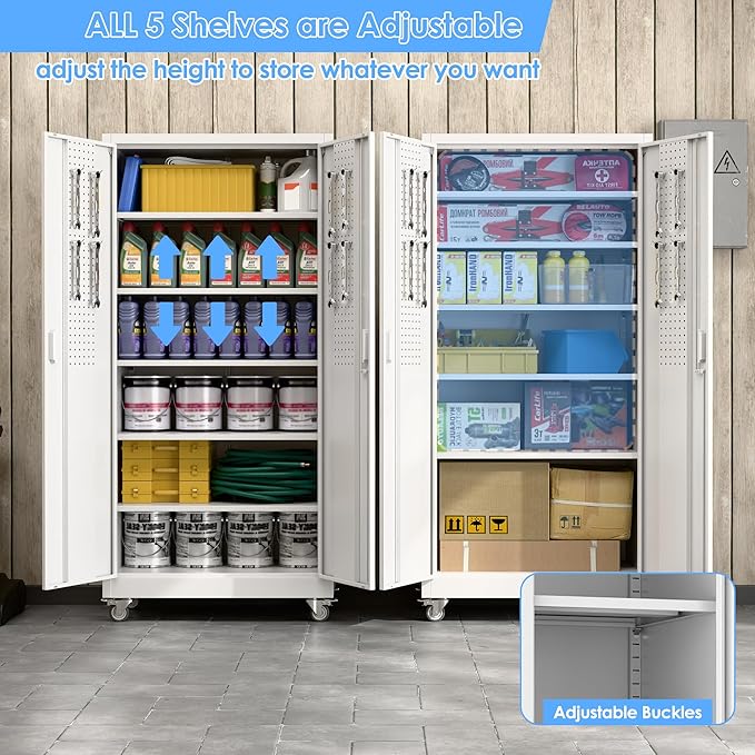 Metal Storage Cabinet with Wheels and Pegboard,71" H x 32" W x 16" D Garage Storage Cabinet with 2 Doors and 5 Adjustable Shelves for Garage, Home, Warehouse, Closet, Assembly Required, White