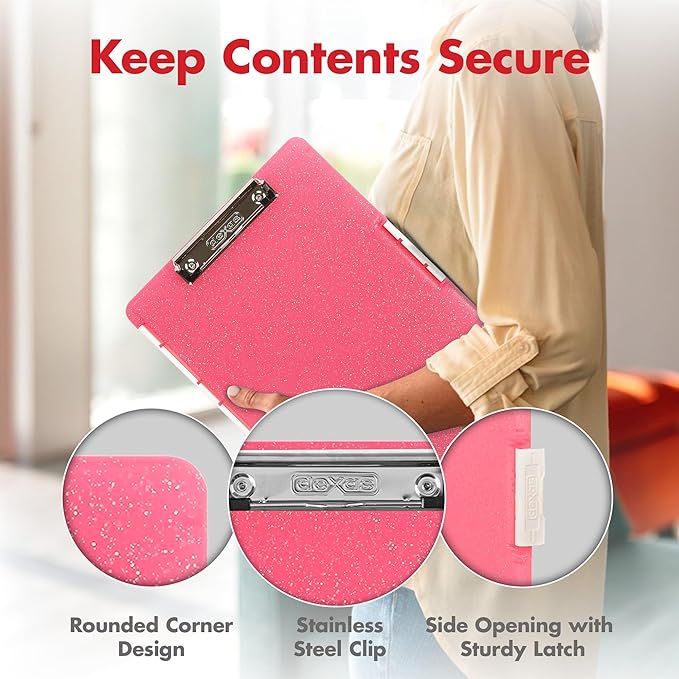 Dexas Slimcase 2 Plastic Clipboard with Storage and Side Opening, Pink Glitter, Office Supplies Clipboards to Organize, Carry and Store, A4 Holder, Style and Functionality Nursing Clipboards