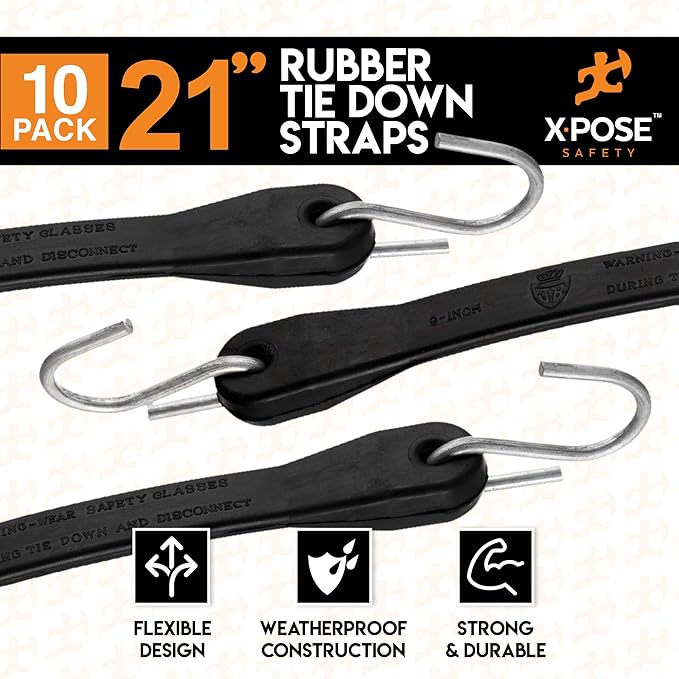 Rubber Bungee Cords with Hooks 10 Pack 21 Inch (32” Max Stretch) Heavy-Duty Black Tie Down Straps for Outdoor, Tarp Covers, Canvas Canopies, Motorcycle, and Cargo - by Xpose Safety