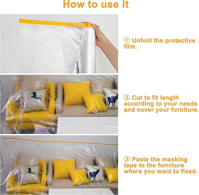Muf 2 x 65 Feet Plastic Drop Cloth Plastic Sheeting with Masking Tape,Waterproof Protective Masking Film,Prevent Dust Paint for Car,Furniture,Carpet,Floor,3 Pack