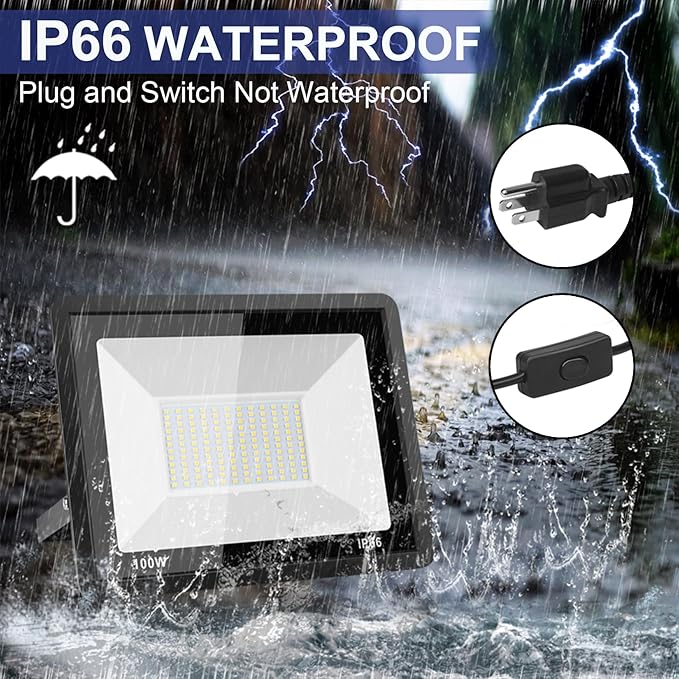 100W LED Flood Light Outdoor, 10000LM Bright Plug-in Flood Lights with Switch, IP66 Waterproof Exterior Security Lights, LED Work Light for Garage, Yard, Garden, Playground, Stadium, Arena